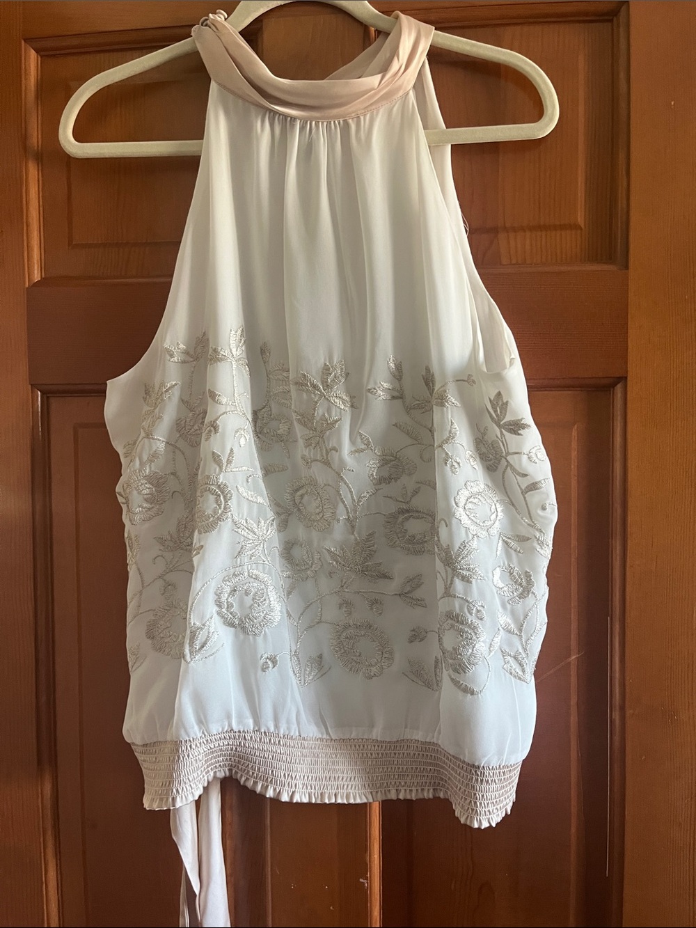 White House Black Market Ivory Camisole with Blush Neckline and Embroidery